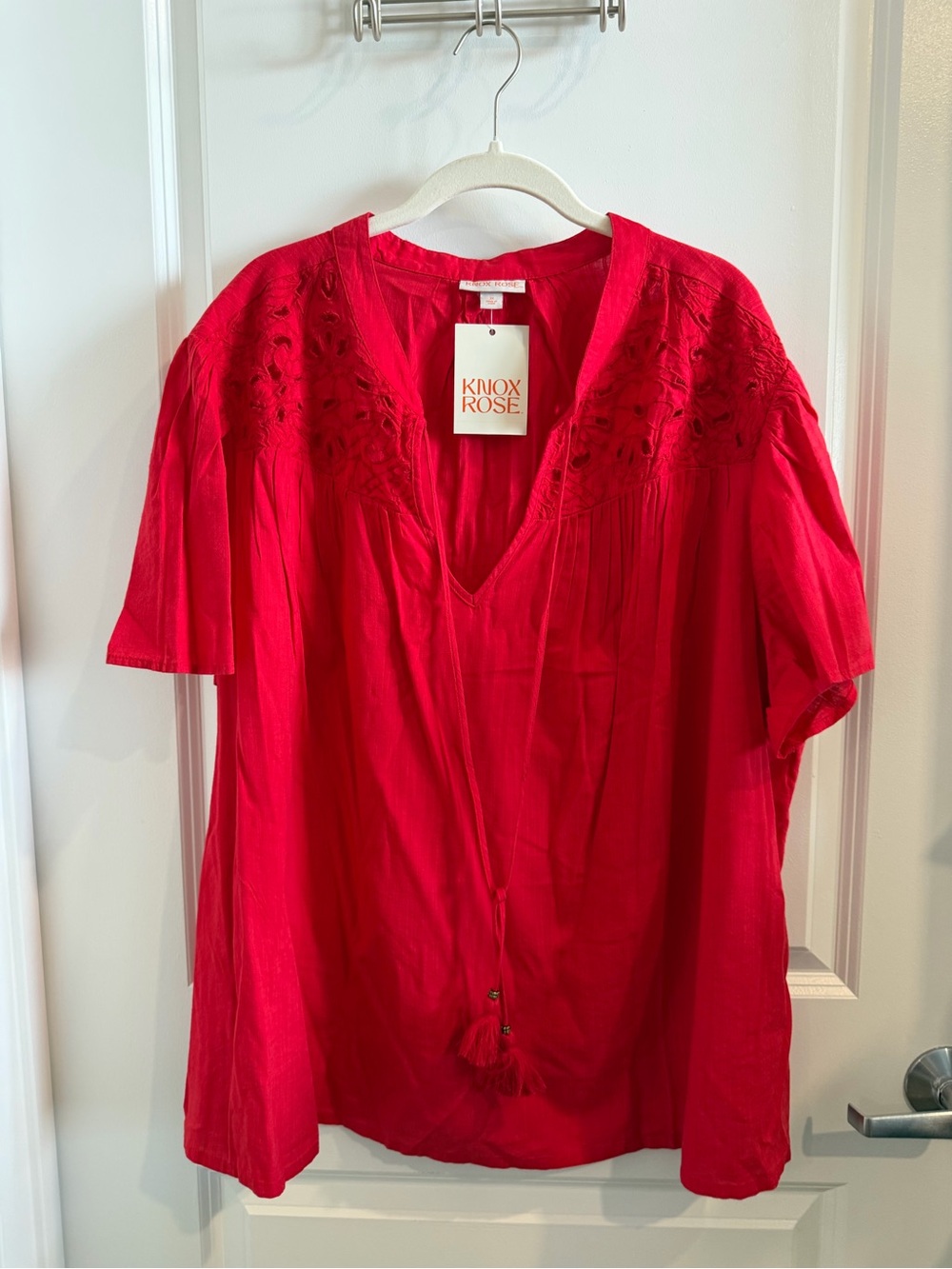 Knox Rose Women's Red Embroidered V-Neck Peasant Top Size 3X NWT
